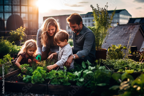 Young family, 2 parents and two children, gardening on their rooftop