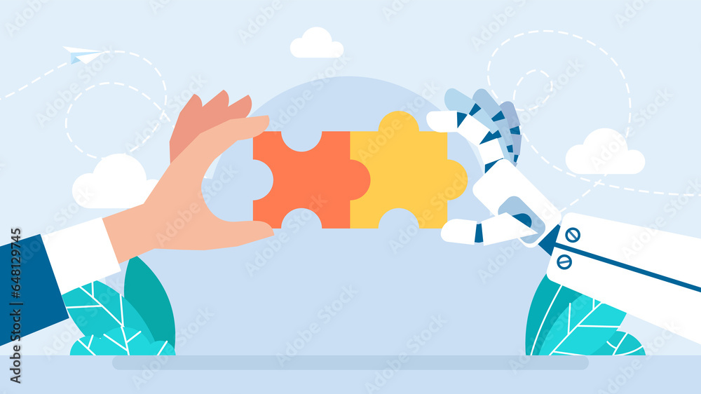 Man and AI robot hand connects puzzle together. Robot and Businessman Hand holding puzzle. Human and AI Artificial Intelligence working together. Partnership with a robot concept. Flat illustration - obrazy, fototapety, plakaty 