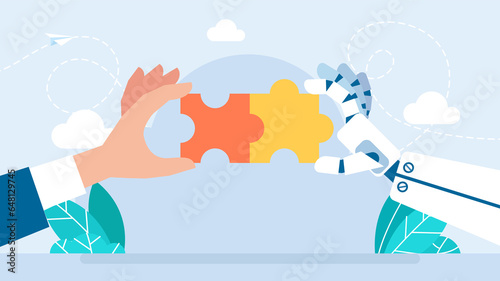 Man and AI robot hand connects puzzle together. Robot and Businessman Hand holding puzzle. Human and AI Artificial Intelligence working together. Partnership with a robot concept. Flat illustration