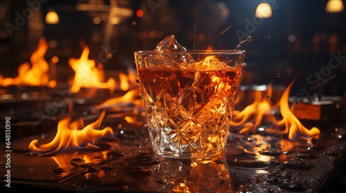 Glass cocktail ice with fire in the background, Generative AI