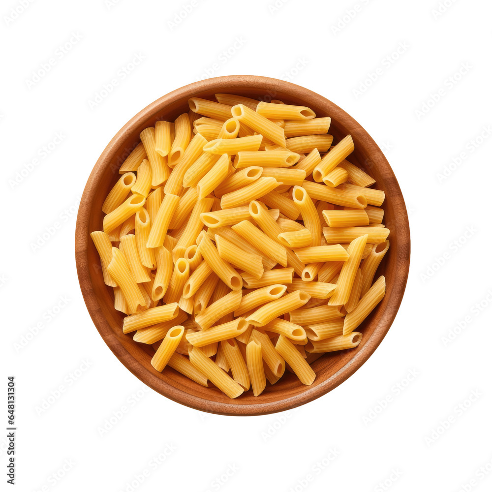 Raw italian penne rigate pasta in wooden bowl, top View. Raw italian penne rigate pasta in wooden bowl, top View.