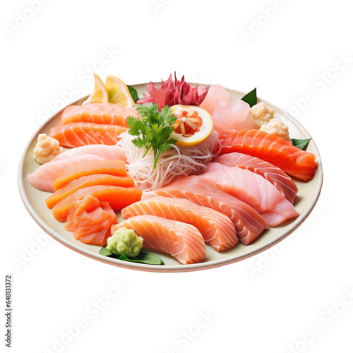 Japanese mixed sashimi. Sashimi is a Japanese delicacy consisting of very fresh raw fish or meat sliced into thin pieces and often eaten with soy sauce.