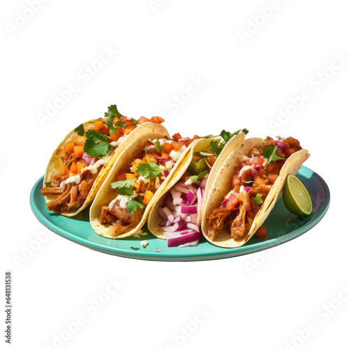 Mexican tacos with fish barbecue and carnitas shot in panoramic composition on top of serving white plate