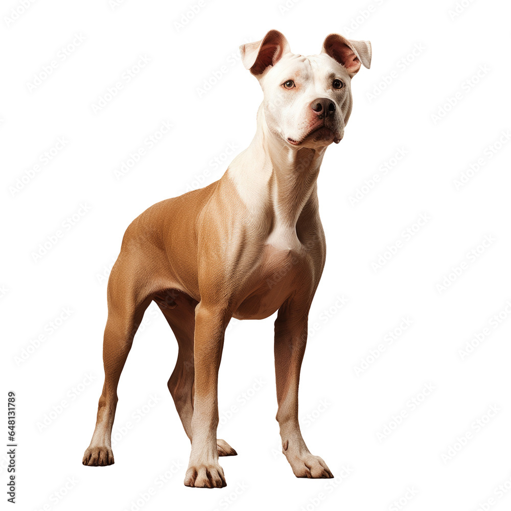 studio portrait of a rescue pit bull type dog standing looking forward against a beige background