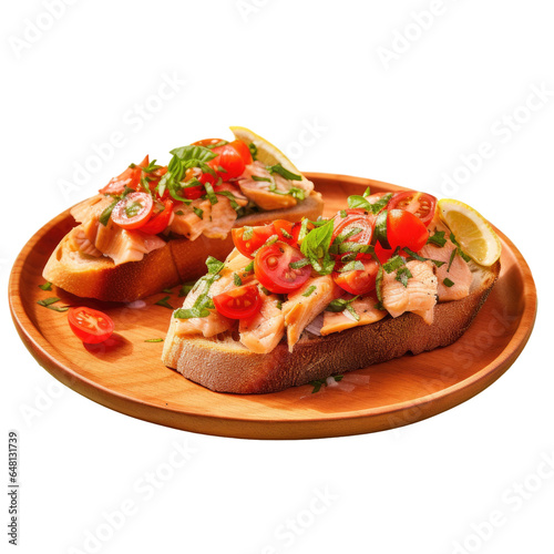 fresh hot bruschetta with red fish with small tomatoes on wooden plate