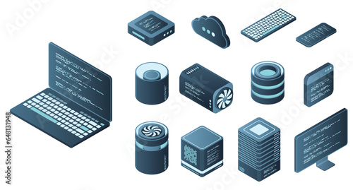Set of isometric computer technology. Isometric set server equipment. Technology isometric icons. Digital technology items. Vector illustration