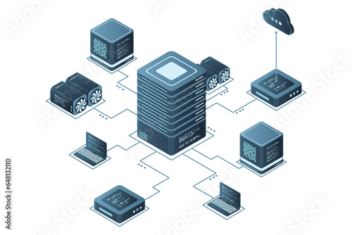 Computer technology isometric illustration. Computation of big data center. Cloud computing. Online devices upload and download information. Modern 3d isometric vector illustration