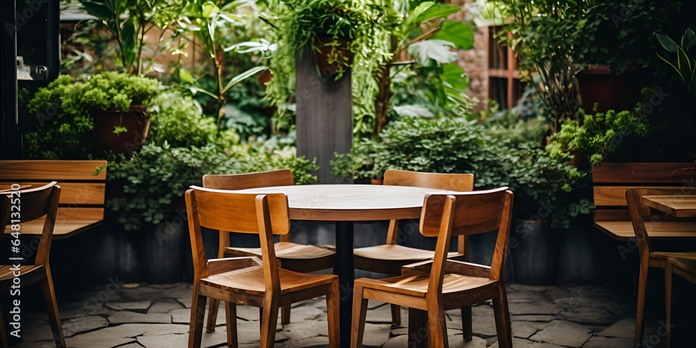 table and chairs in the garden
 Restaurant in Nature's Embrace