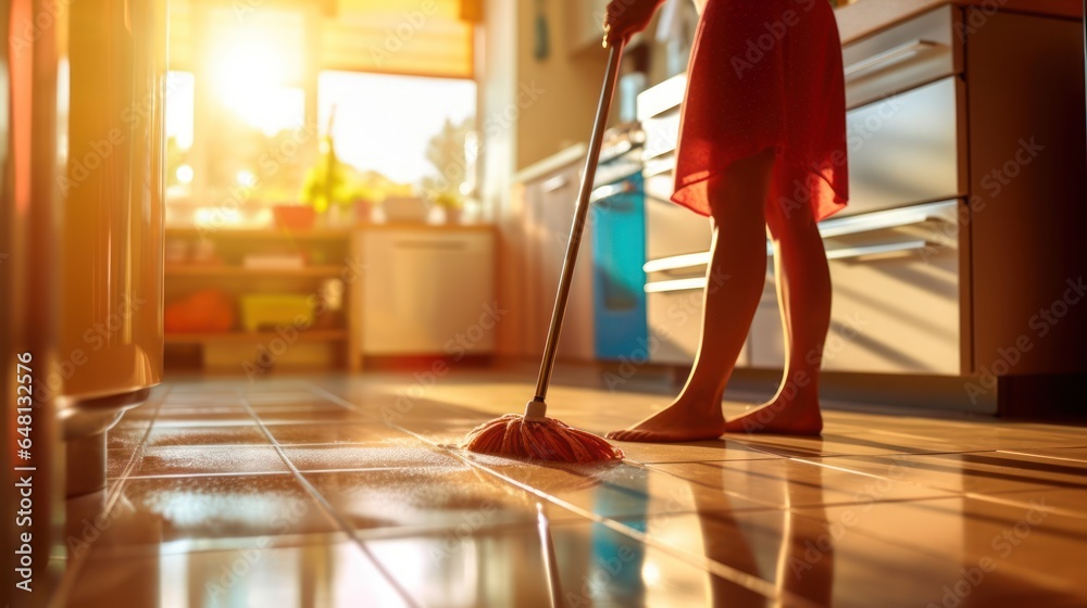 Housewife mopping the floor at home Housewife mopping the floor at home