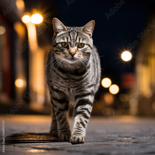 Wallpaper Mural portrait de chat tigré européen vue de face au ras du sol marchant dans une rue la nuit Torontodigital.ca