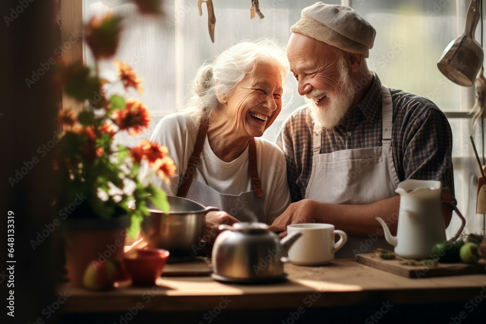 Senior couple cook at the kitchen. Happy elderly lovers cook together. AI generated Senior couple cook at the kitchen. Happy elderly lovers cook together. AI generated