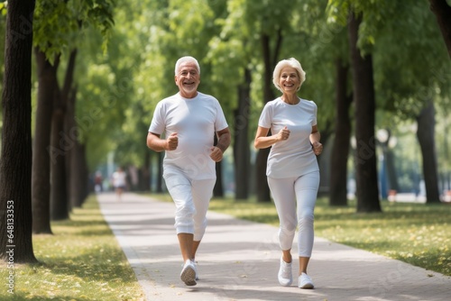 Senior couple run at park together. Active lifestyle. AI generated