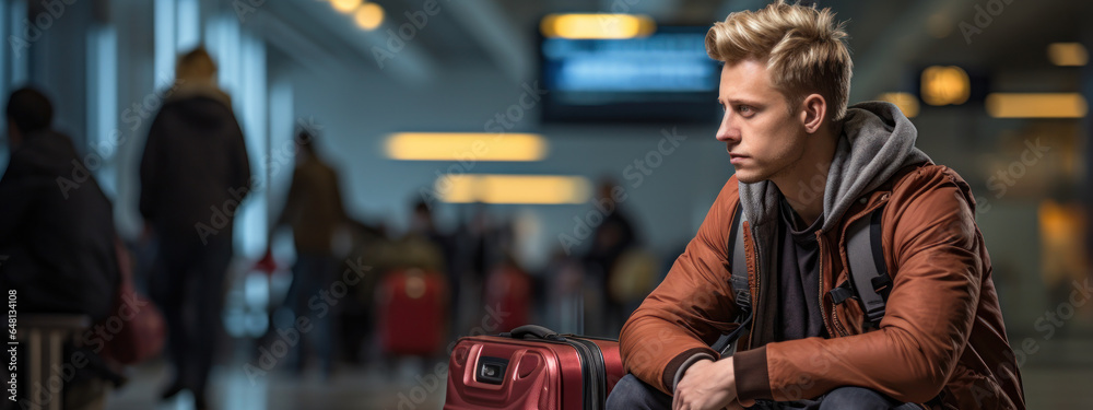Man with backpack waiting to travel at the airport