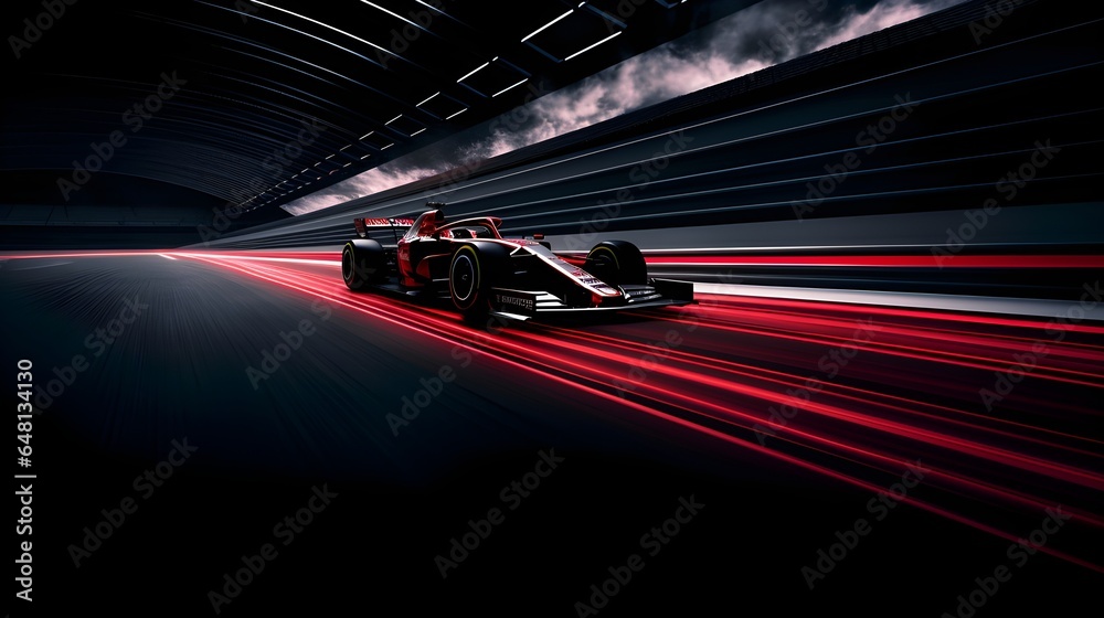 Obraz premium The racing formula on a speedway, red and black color motion. Racing car in motion.The illustration with red and black lights, a car, and a road. Generative AI.