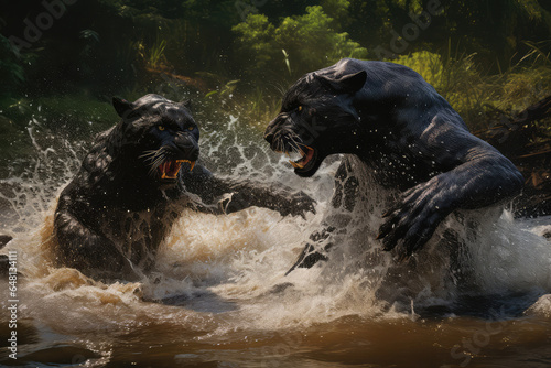 two black panther fighting in the jungle with water stream