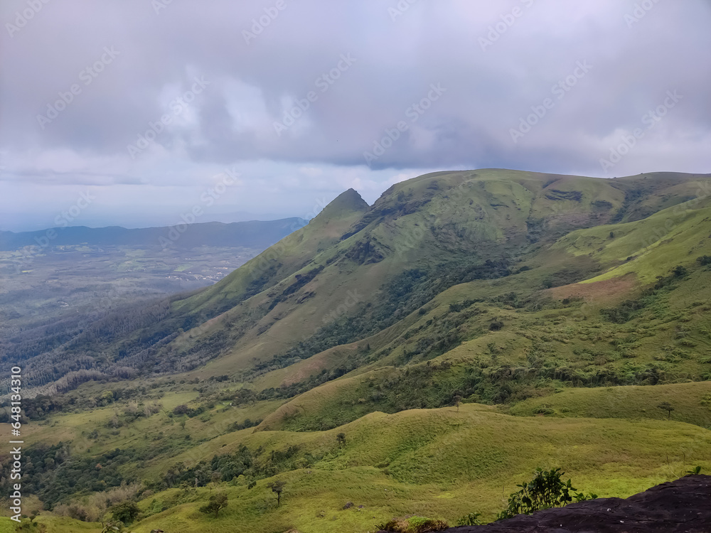 Scenic nature beauty view with green hills and valleys from famous tourist destination Baba budangiri ,Chikkamagaluru,Karnataka