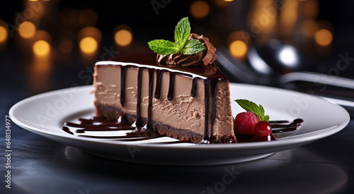 Sweet chocolate cheesecake with green mint leaves on a white plate on the table in a restaurant photo