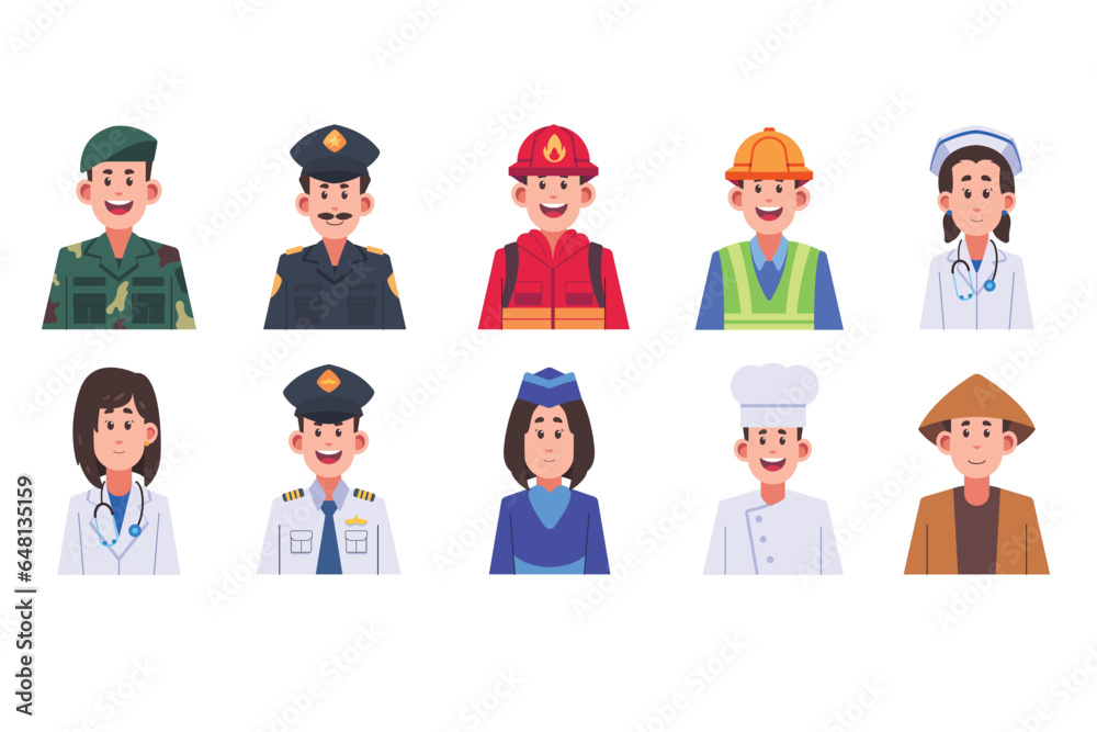 10 illustrations of job profession profile icons, doctor profile, police, soldier, nurse, cheff. 10 illustrations of job profession profile icons, doctor profile, police, soldier, nurse, cheff.