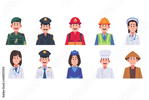 10 illustrations of job profession profile icons, doctor profile, police, soldier, nurse, cheff.