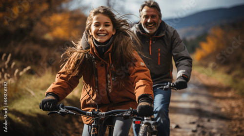 Middle aged man riding electric bike with his daughter in autumn forest.