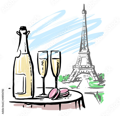 champagne two glass. Eiffel Tower, France, Drawing.