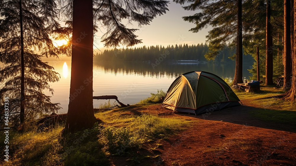 Camping and tent under the pine forest near the lake view.
