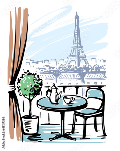 paris balcony with view on eiffel tower. Sketch style drawing