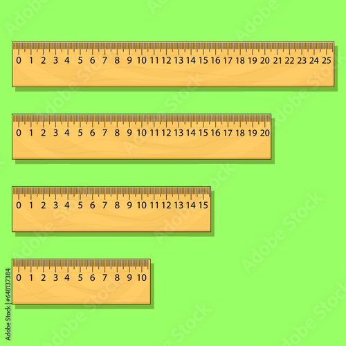 Vector Set of Wooden Rulers, 25 20 15 and 10 cm, colorful and realistic with wooden texture photo