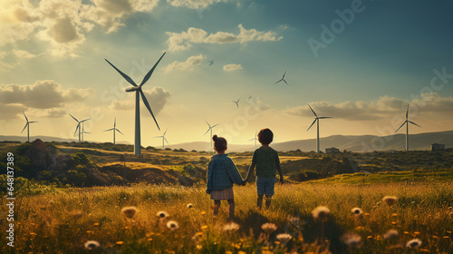 children playing by wind turbine, symbol of sustainable hope