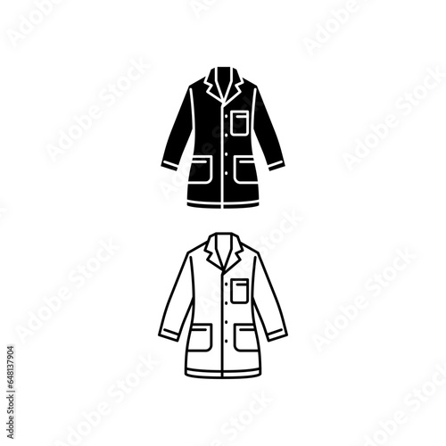 Lab coat icon, white, doctor, medical laboratory uniform. Scientist, chemist protection wear. surgery jacket Chemistry. Line and solid style. Vector illustration Design on white background.