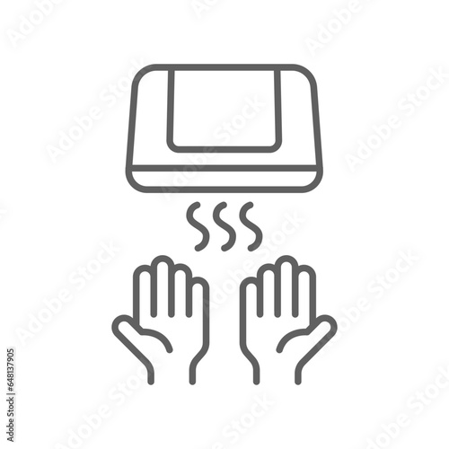 Hand dryer icon, dry, air, machine, bathroom equipment. Automated touchless drying hands restroom with sensors. Outline style. editable stroke. vector illustration. design on white background.