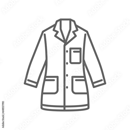 Lab coat icon, white, doctor, medical laboratory uniform. Scientist protection wear. surgery jacket research. Outline style editable stroke. Vector illustration. Design on white background.