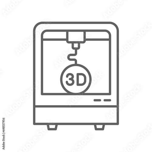 3d printing icon, Three print, printer, manufacturing New Product Development, future technology symbol. Modern outline style. editable stroke vector illustration design on white background.