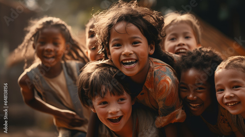 kids of different races are playing together with joy and laughter. 