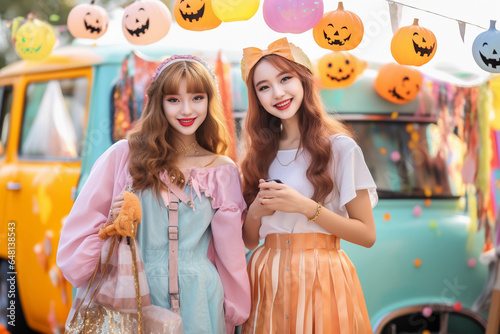 Teenagers taking photos posing in front of classic cars. About Halloween pumpkin backdrop
