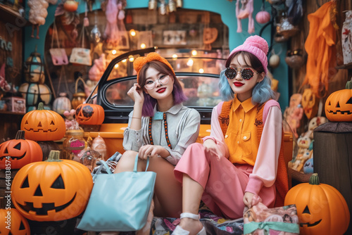 Teenagers taking photos posing in front of classic cars. About Halloween pumpkin backdrop