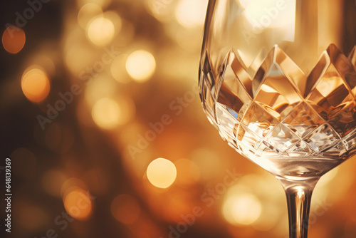 Macro closeup shot of luxury vintage crystal white wine glass with glittering shining bokeh. Christmas holidays concept © Cherstva