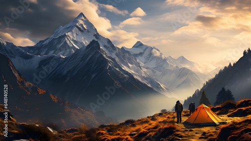Tourists With A Yellow Tent In The Mountainous Area. Illustration On The Theme Of Tourism And Recreation, Travel And Adventure, Climate And Weather.. Generative AI