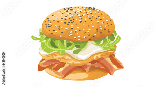 Hand-drawn vector bread burger illustration with meatloaf tomato vegetarian dish, white background, delicious food for lunch and dinner, fast food
