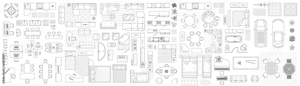 Set of linear icons. Interior top view. Vector Illustration. Floor plan icons set for design interior and architectural project - obrazy, fototapety, plakaty 
