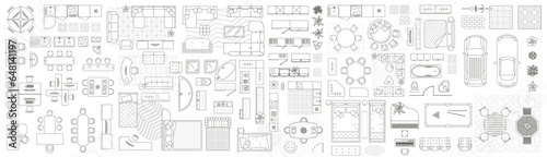Set of linear icons. Interior top view. Vector Illustration. Floor plan icons set for design interior and architectural project