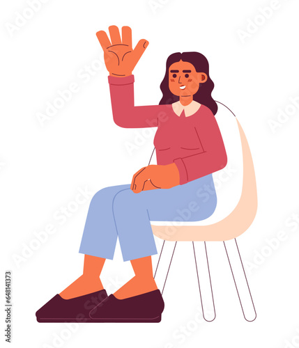 Middle eastern young woman raising hand up 2D cartoon character. Smiling female seminar webinar participant isolated vector person white background. Lecture listener girl color flat spot illustration