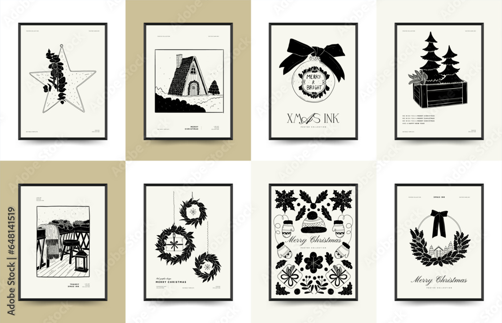 Merry Christmas and Happy New Year backgrounds, greeting cards, posters, holiday covers. Xmas festive templates