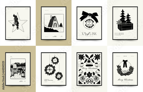 Merry Christmas and Happy New Year backgrounds, greeting cards, posters, holiday covers. Xmas festive templates