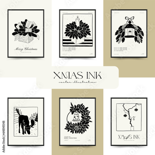 Merry Christmas and Happy New Year backgrounds, greeting cards, posters, holiday covers. Xmas festive templates
