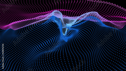 Energy net flows. Dot particle lines penetrating fog. Neon lights plexus of knots. Curved node row space infinity. Linking funnel universe parameters. Background information technology presentation.