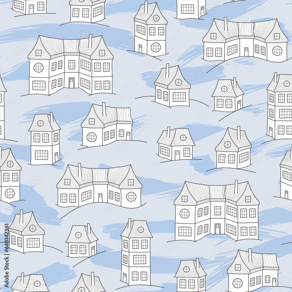 Seamless pattern with cute houses, winter background.