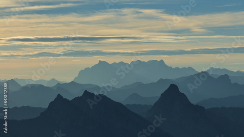 Mountains Grosser Mythen, Santis and others seen from Rigi Kulm.