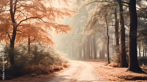 A sun-dappled autumn morning on a winding dirt road, lined with deciduous trees shrouded in mist, evokes a sense of wildness and peacefulness amidst the enchanting forest © Glittering Humanity