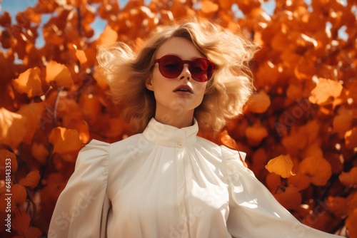 A beautiful woman wearing a white shirt and red sunglasses stands amidst the falling leaves of autumn, evoking a sense of fashion and freedom in an outdoor portrait photo